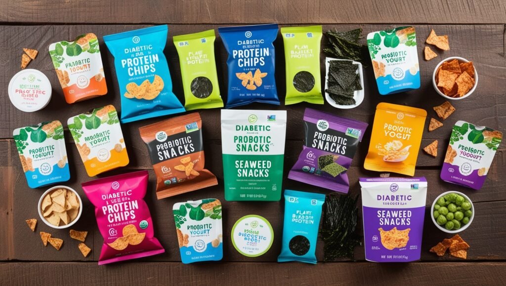 An assortment of trendy diabetic-friendly snacks, including plant-based protein chips, seaweed snacks, and probiotic yogurt cups, displayed on a rustic wooden surface.