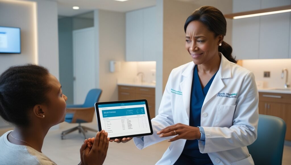 A doctor showing test results to a patient on a digital tablet in a bright clinic, emphasizing communication and care.