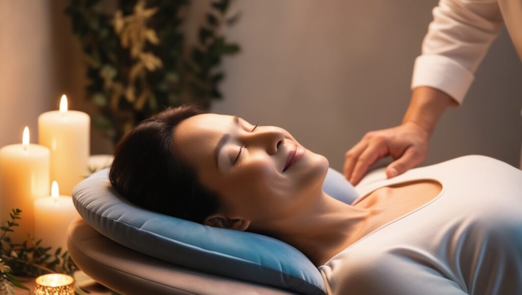 A calm and serene setting showing a client achieving personal growth through hypnotherapy, with a sense of empowerment and transformation.