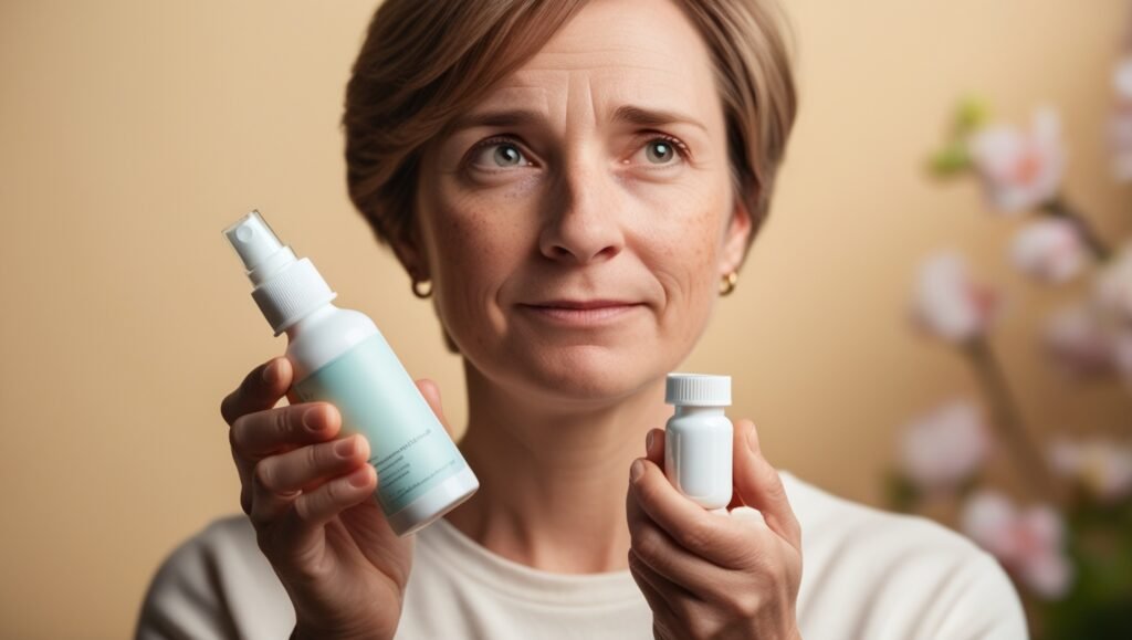 A person holding a nasal spray and allergy pills, symbolizing treatment options for seasonal allergies.