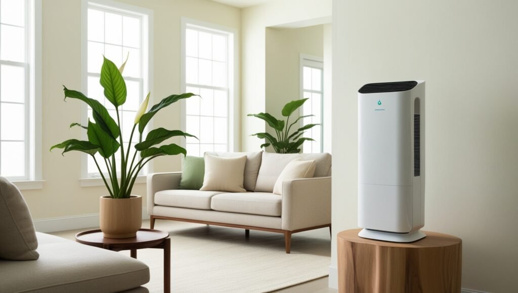 A clean, well-ventilated home with houseplants and air purifiers, emphasizing lifestyle adjustments to manage seasonal allergies.