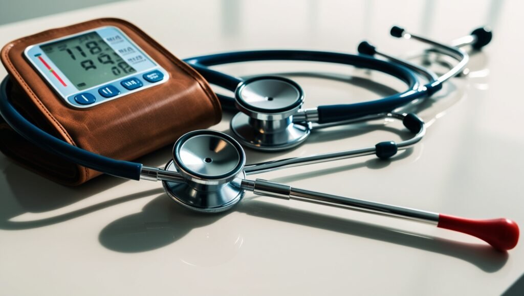 Close-up of medical devices like a blood pressure monitor, stethoscope, and thermometer