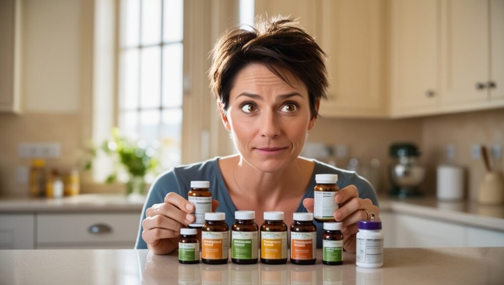 A close-up of a person holding a variety of vitamin bottles and supplements, contemplating their choices in a well-lit kitchen setting.