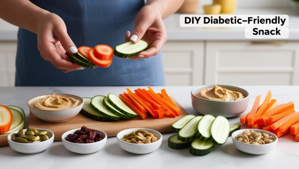 Hands preparing DIY diabetic-friendly snacks with sliced vegetables, hummus, and small containers of nuts and seeds, set in a clean kitchen environment.