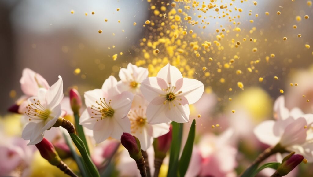 A close-up shot of blooming flowers and pollen in the air, showcasing the triggers of seasonal allergies during spring.