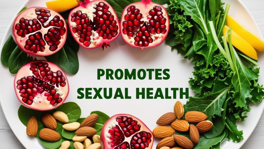 A healthy diet with pomegranates, leafy greens, and nuts supports erectile function and overall sexual health.