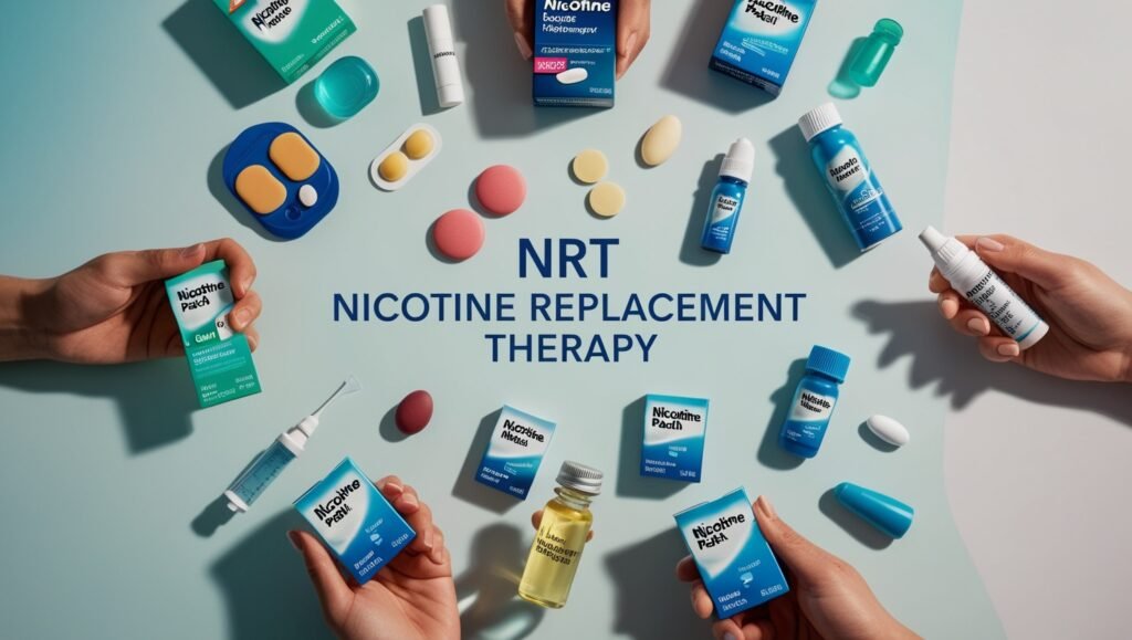 An informative illustration of Nicotine Replacement Therapy products, featuring a variety of NRT options such as nicotine patches, lozenges, gum, nasal spray, and inhalers. The products are arranged neatly on a clean, modern background. Include subtle details such as a person holding a nicotine patch or gum in one hand, while another hand holds a lozenge or inhaler, symbolizing the choice available for those trying to quit smoking. The image should convey a sense of support, health improvement, and empowerment, with calm and reassuring colors, such as blues and greens, to reflect the theme of quitting smoking and regaining control over one's health.
