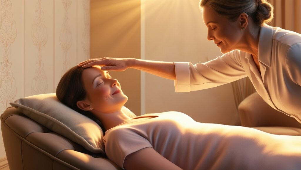 An illustration of hypnotherapy techniques being applied, with soft lighting and a relaxed patient experiencing stress relief through deep relaxation methods.