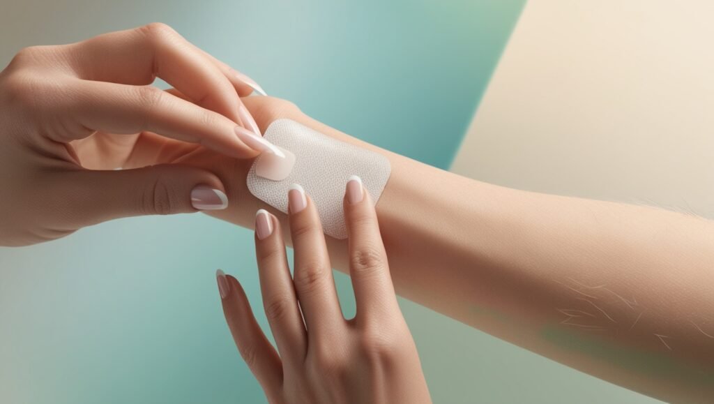A close-up of a hand applying a nicotine patch on the arm, demonstrating how it works as part of Nicotine Replacement Therapy.