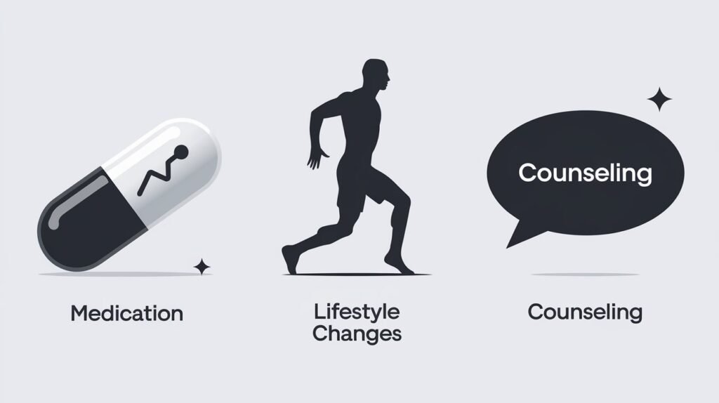 Image displaying common ED treatments, such as medication, lifestyle changes, and counseling, with icons and clear labels for each.