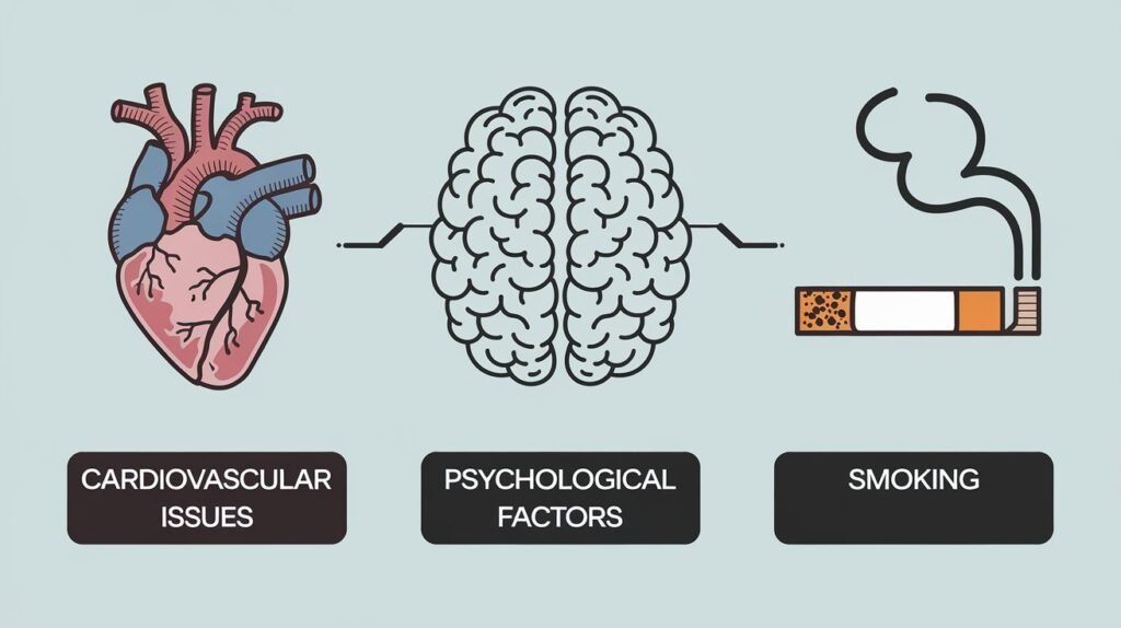 Infographic showing the main causes of erectile dysfunction, including physical, psychological, and lifestyle factors, with icons for easy reference.