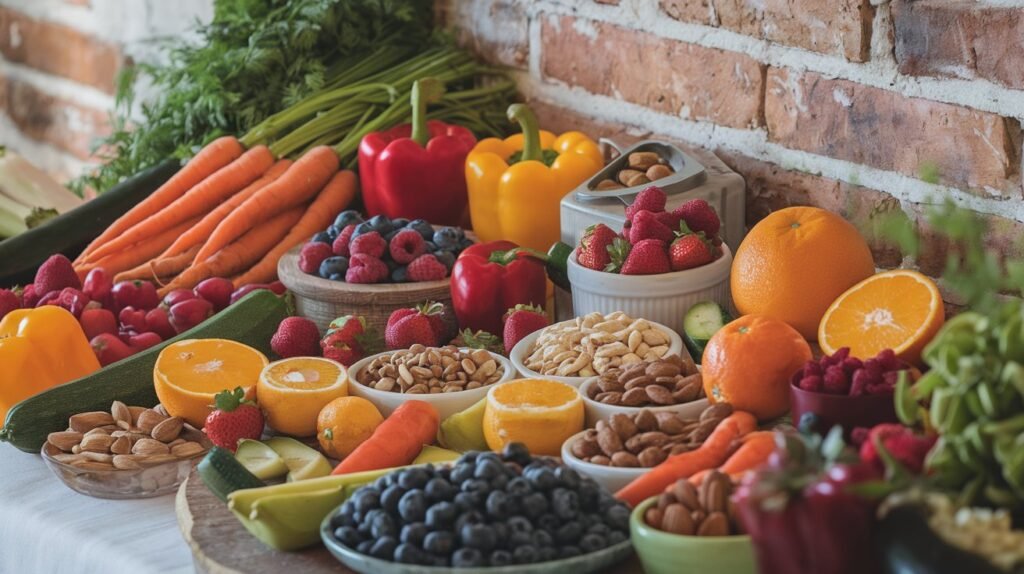 A diverse selection of nutritious foods including fresh vegetables, fruits, and seeds to symbolize healthy eating.