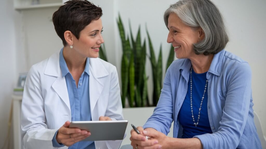 An image of a doctor and patient having a consultation, discussing medical options for menopause management. The doctor is explaining treatment plans with a caring and professional approach.