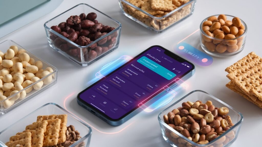 A smartphone displaying a nutrition tracker app beside personalized diabetic-friendly snacks like pre-portioned nuts, protein bars, and low-carb crackers on a clean background.