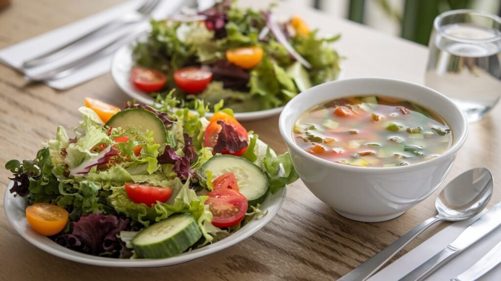 A healthy Panera Bread meal featuring a fresh salad with greens, tomatoes, cucumber, and avocado, served alongside a light vegetable soup in a casual dining setup.