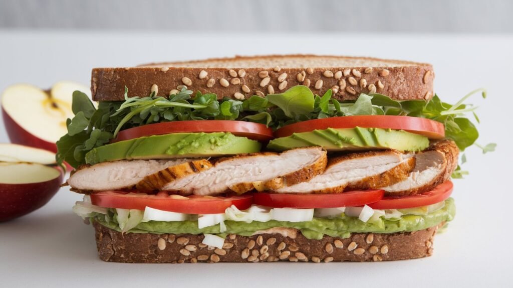A Panera Bread sandwich with whole grain bread, grilled chicken, avocado, leafy greens, and tomato, served with a side of sliced apples.