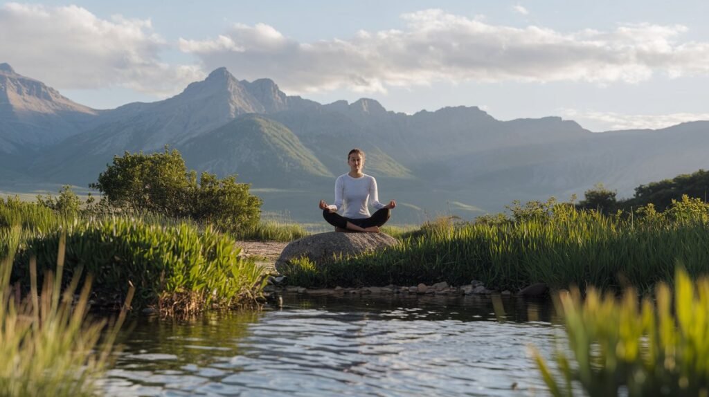 A person meditating in nature, surrounded by peaceful surroundings, to represent mental well-being and stress management.