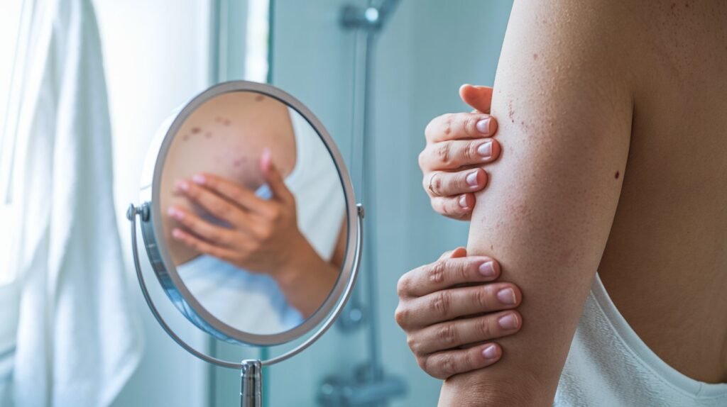 "A person performing a skin self-examination with a mirror, looking for changes in moles or skin texture.