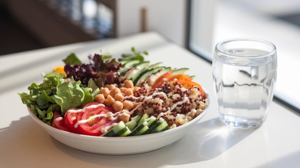 A Panera Bread bowl featuring vegan ingredients like mixed greens, chickpeas, tomatoes, cucumbers, and quinoa, ideal for a plant-based diet.