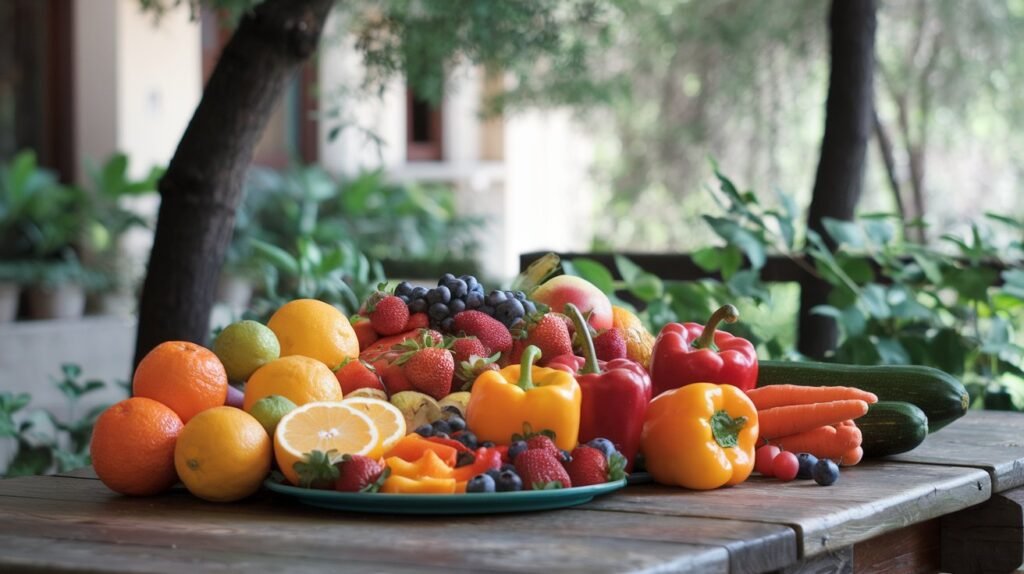 A vibrant image of a plate of colorful fruits and vegetables, symbolizing the importance of diet and nutrition during menopause. Fresh, healthy ingredients on a wooden table, representing balance and well-being.