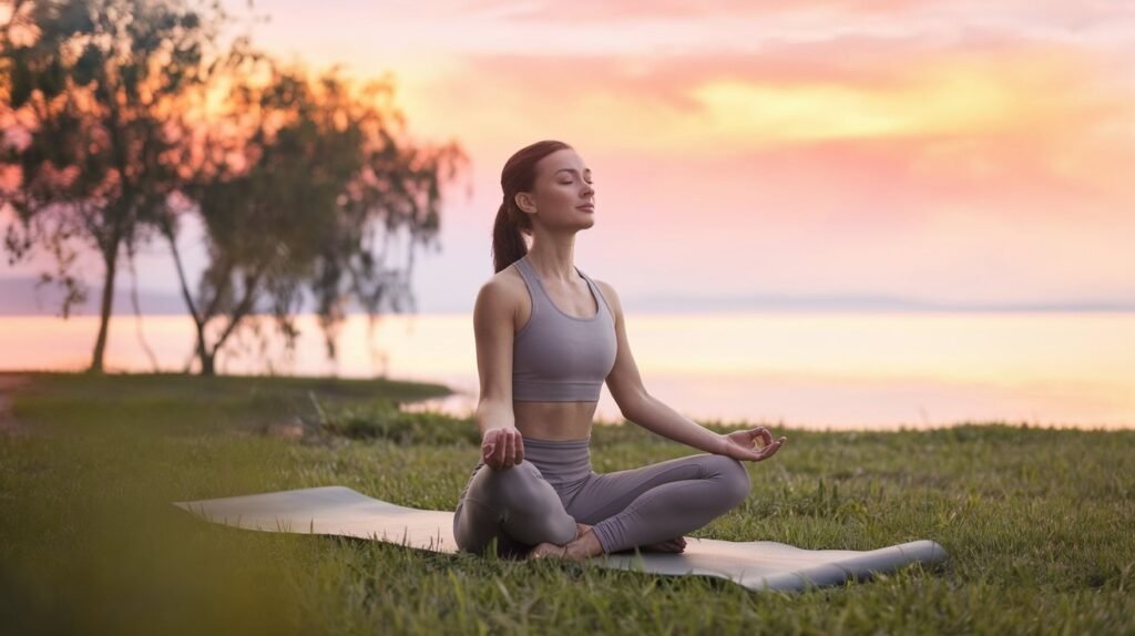 A tranquil scene showing a person practicing yoga in a serene outdoor setting, promoting natural relief during menopause. Soft sunset lighting and a peaceful environment encourage mindfulness and relaxation.