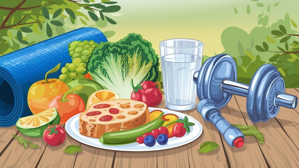 A vibrant, professional illustration of a healthy lifestyle concept, featuring a balanced meal with fruits, vegetables, and a glass of water placed next to workout equipment like dumbbells and a yoga mat.