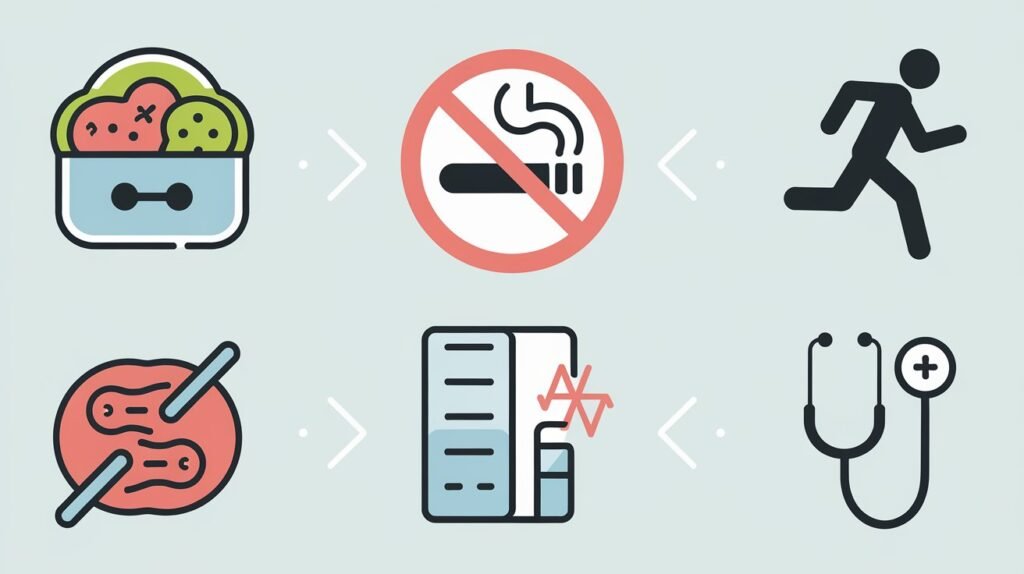 Visual guide with prevention tips for ED, including healthy eating, quitting smoking, exercising, and regular health check-ups.