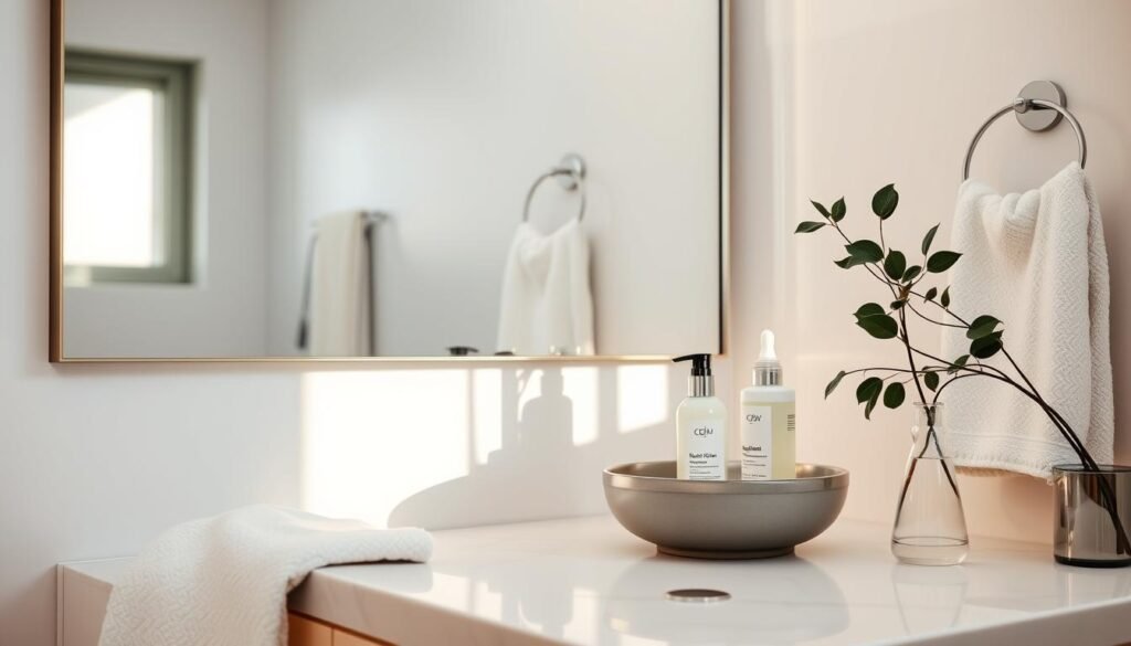 A serene bathroom scene focused on a modern, well-lit mirror reflecting natural light, with soft pastel colors. The counter features a small bowl of organic skincare products, and a subtle hint of calmness