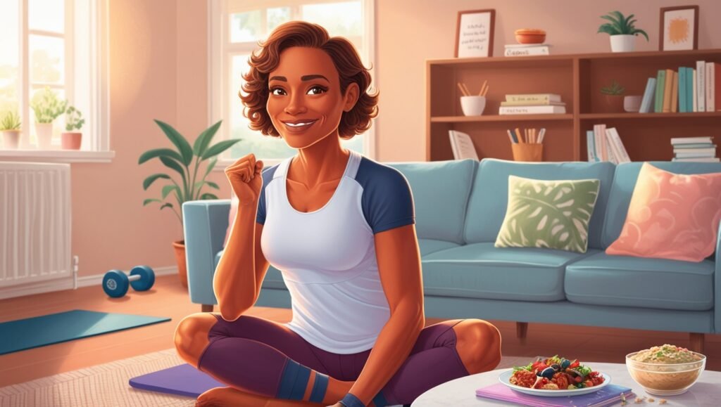 A mom tackling daily challenges with a positive mindset, like finding time for exercise or managing emotional eating.