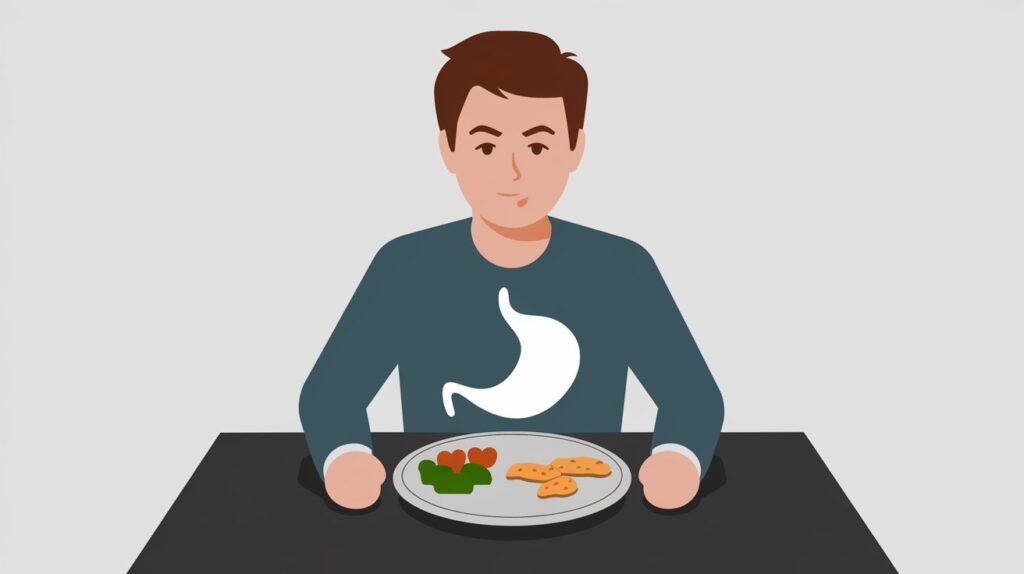 A graphic showing a man with a reduced appetite, depicted by a plate with minimal food and a stomach symbol indicating fullness.
