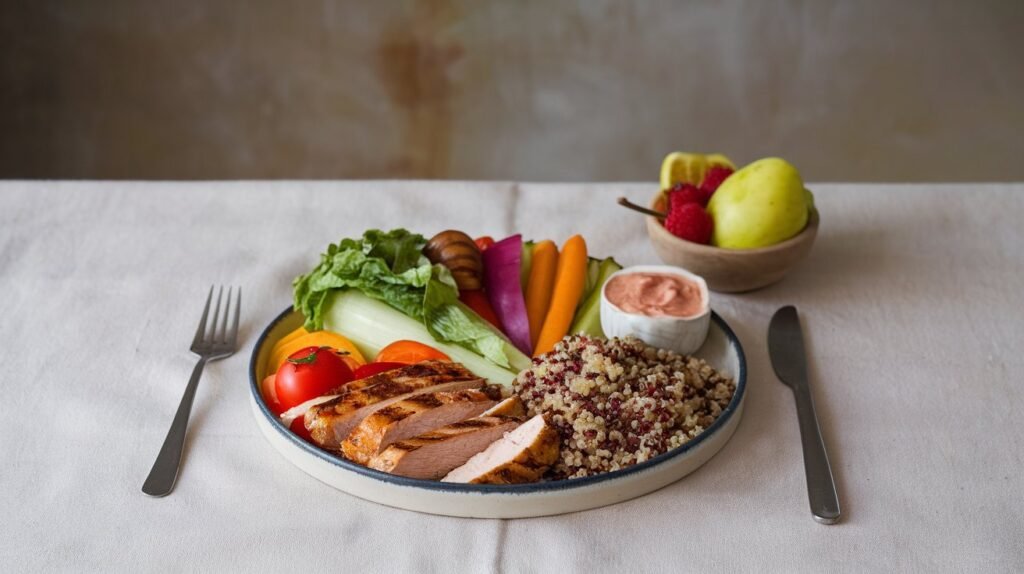 A colorful, nutritious meal with vegetables, grilled chicken, quinoa, and fruit, representing balanced nutrition for weight loss.