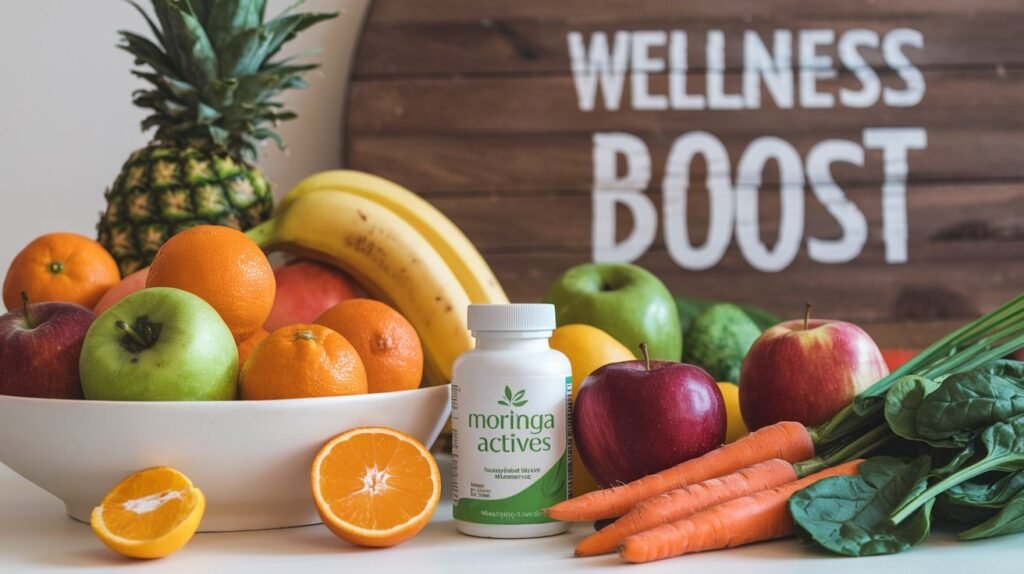 Moringa Actives supplement alongside healthy foods like fruits and vegetables for a wellness boost.