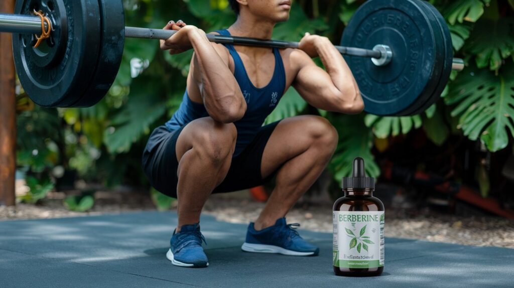 Image of a person exercising with a berberine bottle besides him , symbolizing the combination of berberine and exercise for weight loss.