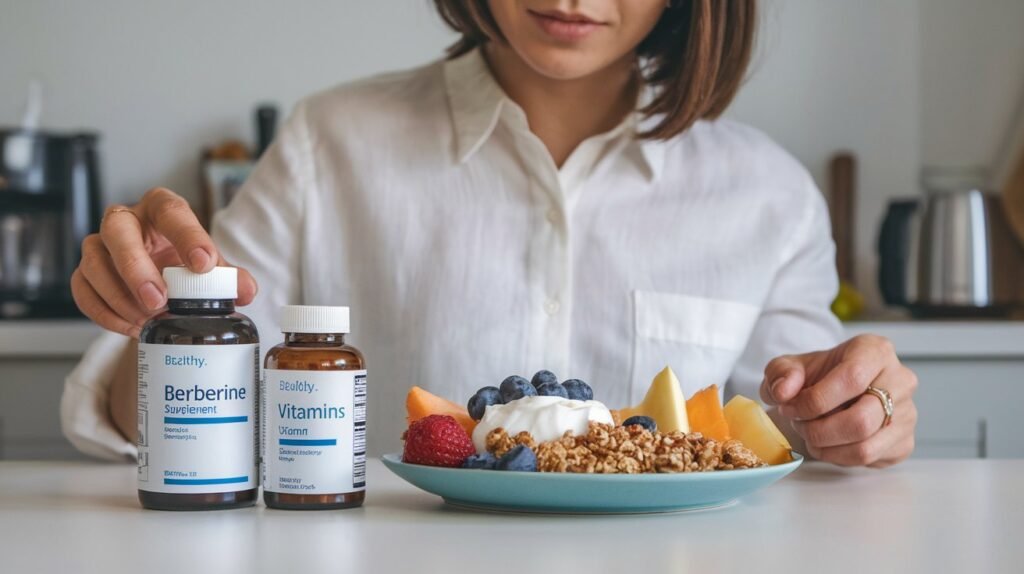 A person setting up a berberine supplement with their daily vitamins and healthy breakfast.