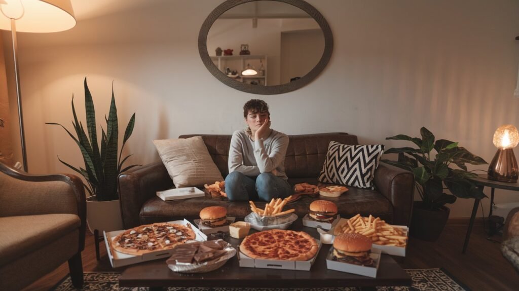 Person surrounded by comfort foods, reflecting on their emotions