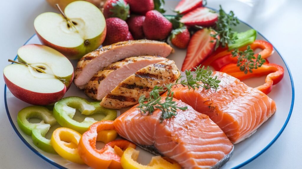 Plate of nutritious, low-calorie foods like fruits, vegetables, and lean proteins for effective weight loss.