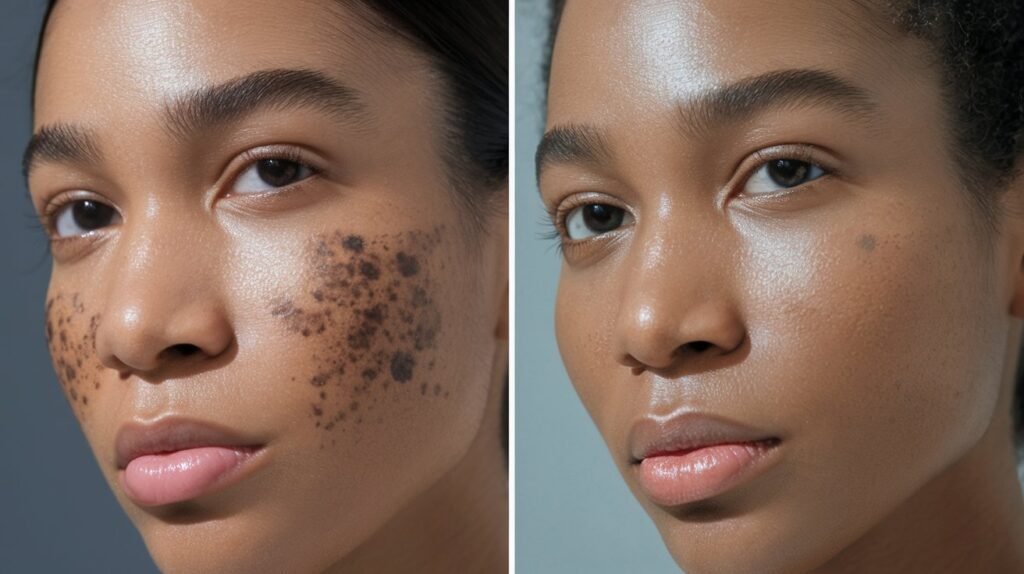Side-by-side comparison of skin before and after treatment for hyperpigmentation, showcasing improvement in skin tone and reduction of dark spots.