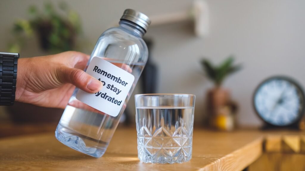 A water bottle and glass representing the importance of hydration in weight management.