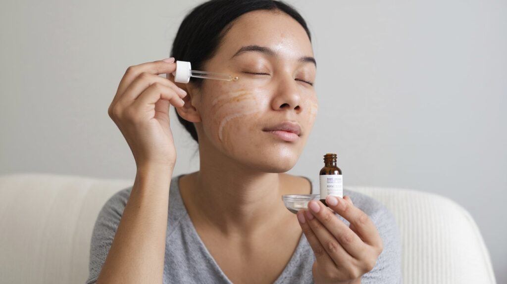 Unrecognizable woman with hyperpigmentation using a brightening serum on her face, focusing on skincare routines.