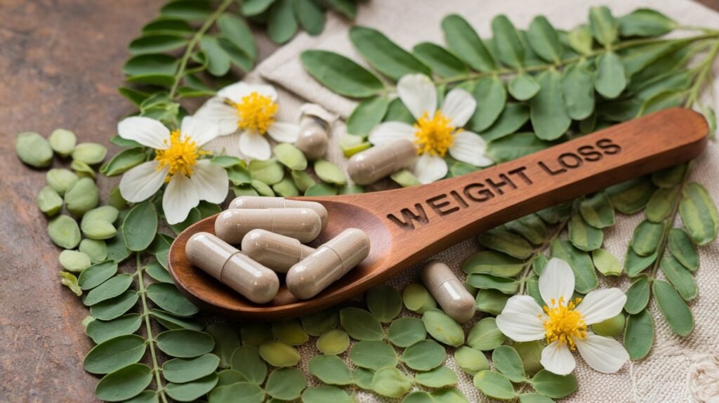 Moringa Actives capsules on a wooden spoon for a natural and holistic approach to weight loss.