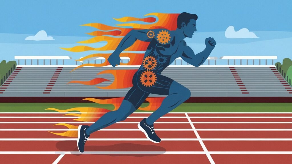 Illustration of a man running with gears and flames symbolizing increased metabolism.