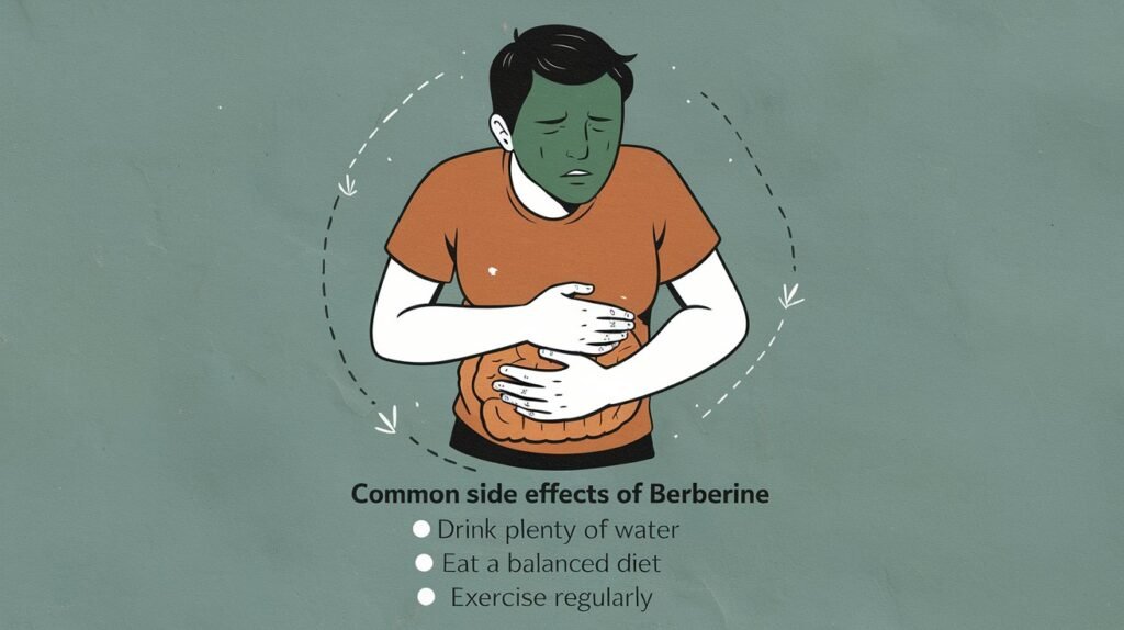 Illustration highlighting common side effects of berberine like digestive issues, with tips on how to manage them.