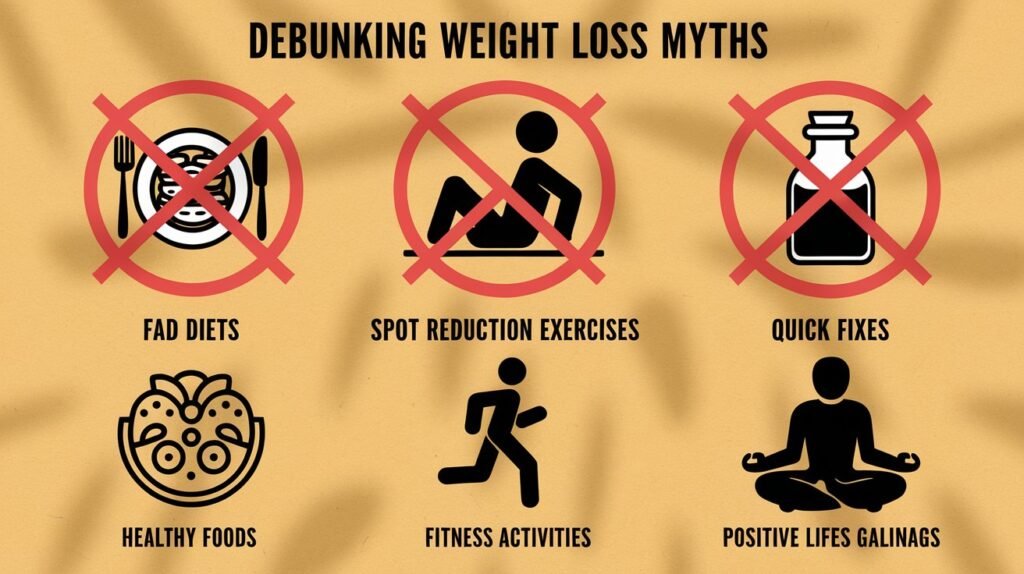 Graphic highlighting misleading weight loss advertisements and myths versus real, effective strategies.
