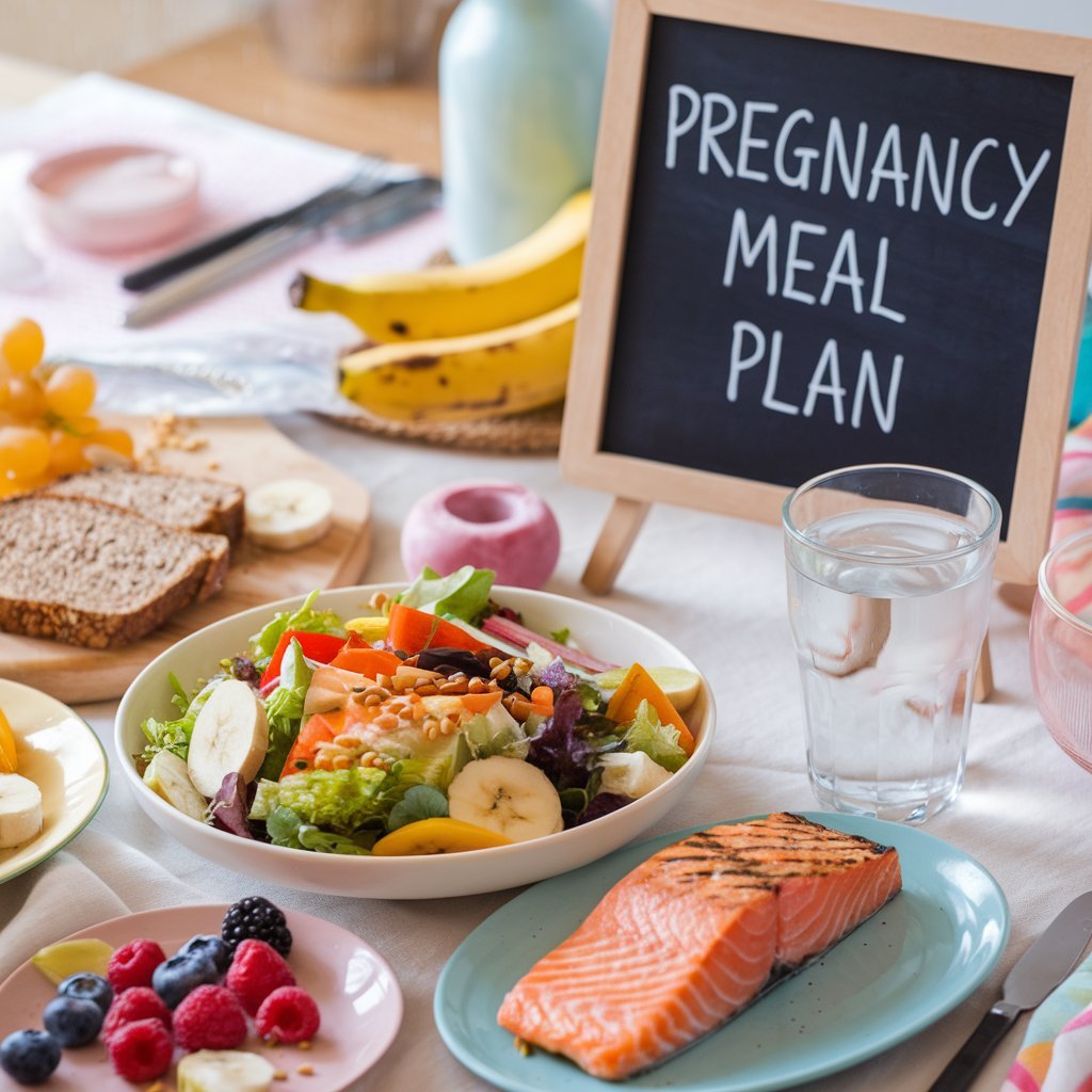 pregnancy meal plan featuring grilled salmon, fresh salad, whole-grain bread, fruits, and a smoothie, designed to support maternal and fetal health.