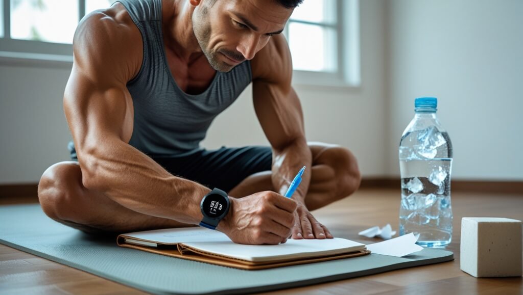 A person writing down their fitness goals and workout routine in a notebook, surrounded by a yoga mat and water bottle.
