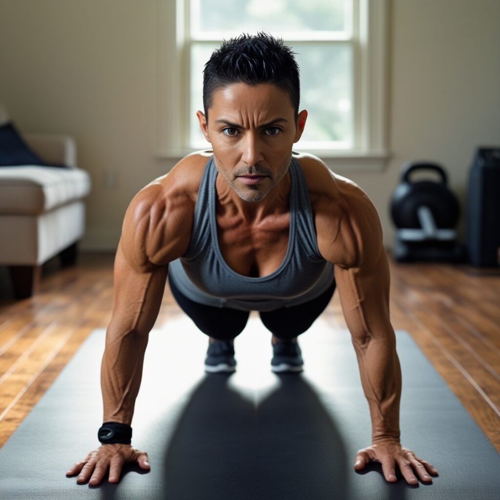 A person exercising without equipment at home, demonstrating push-ups and squats, showcasing the concept of exercising without equipment for fitness and strength training.