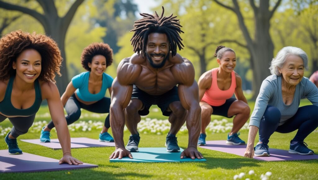 A diverse group of individuals performing various bodyweight exercises in a park, showcasing push-ups, squats, and lunges.
