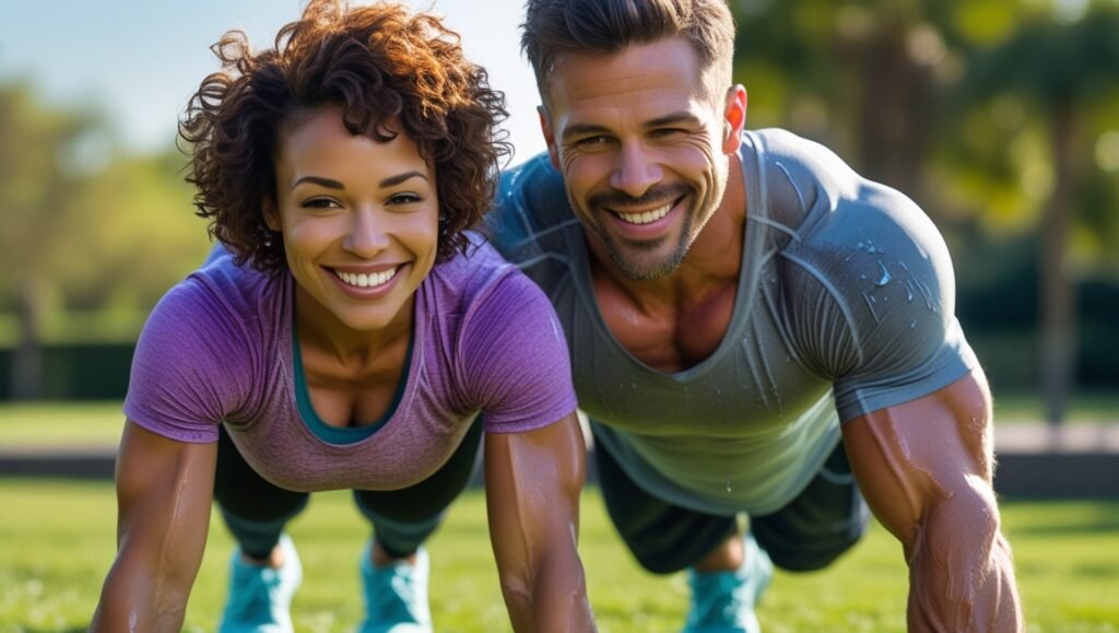 Two friends exercising together outdoors, smiling and encouraging each other during a bodyweight workout session.