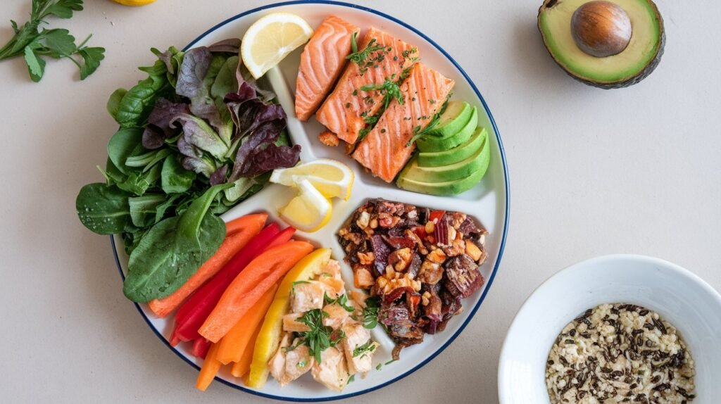 A balanced pregnancy meal plate with leafy greens, grilled salmon, quinoa, and avocado, showcasing the ideal proportions of nutrients for a healthy pregnancy.