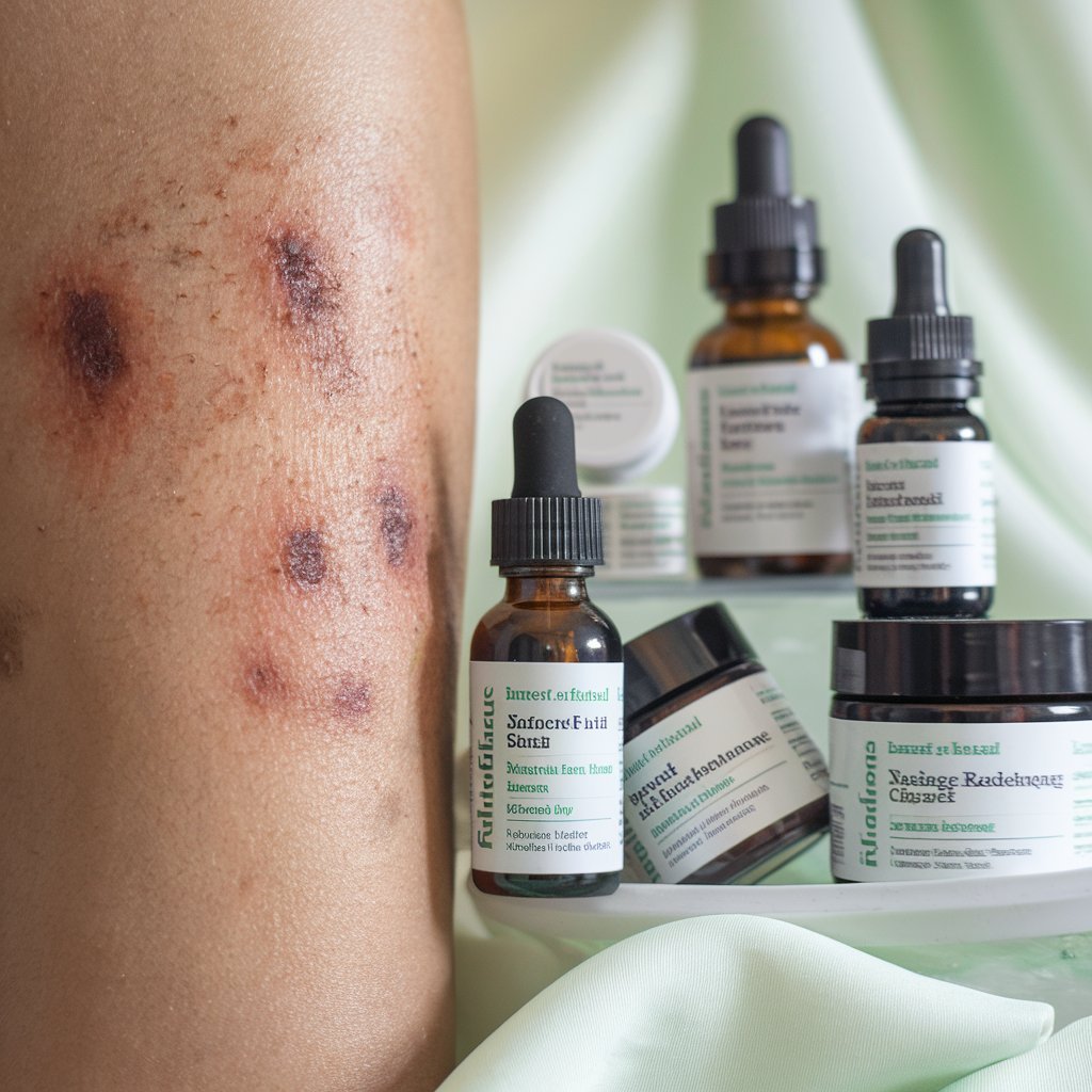 A close-up view of skin showing post-inflammatory hyperpigmentation, highlighting dark spots and uneven skin tone, with a soothing background of natural skincare products.